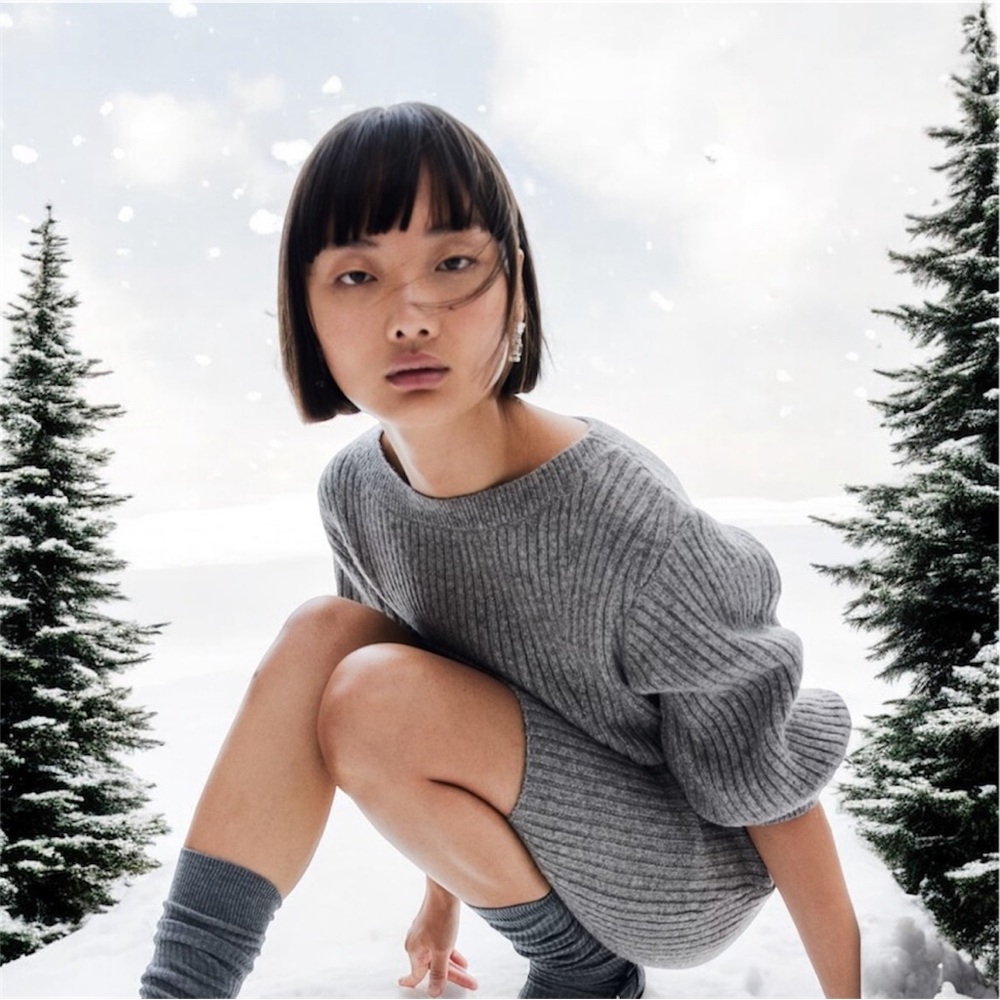 H&M Gray boat Neck Sweater dress with Ribbed Detailing